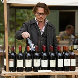 jonney depp selling mega pints of wine at a makeshift wood stand, realistic, detailed