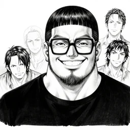 highly detailed ink illustration of a buff smiling man with long stubble, muscular neck, big square glasses and a black bowl cut, wearing a black tshirt, b & w clean shaped illustration by kim jung gi, ron english, jamie hewlett and eiichiro oda