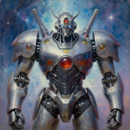 holy saint battle robot award winning medium close - up portrait symmetry faded tetrachromacy colors astral background tim hildebrandt wayne barlowe bruce pennington donato giancola larry elmore masterpiece trending on artstation cinematic composition beautiful lighting hyper detailed!!! 8 k oil on canvas