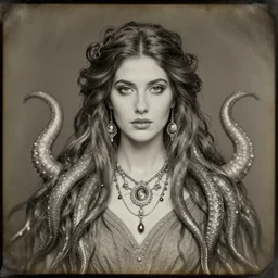 beautiful woman with tentacles for hair wearing occult jewelry. daugerreotype of cthulhu high priestess. ambrotype of occult priestess. tintype of a beautiful woman. priestess of dagon. cursed priestess. daugerreotype. baroque frame