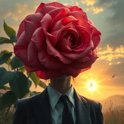 closeup, huge rose flower head, frontal, a girl in suit, surreal photography, sunrise, dramatic light, impressionist painting, digital painting, artstation, simon stalenhag