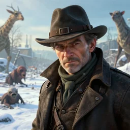 fallout 5, detective mr bean as protagonist, face closeup, atmospheric lighting, painted, intricate, volumetric lighting, beautiful, daytime, winter, clear weather, mutated wildlife, sharp focus, deep colours, ultra detailed, art by william turner