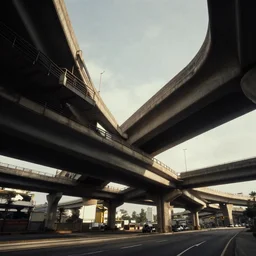 a still from elysium by ian mcque - multiple highway overpass interchange, dramatic lighting, day time above a 4 - lane highway, medium 5 0 mm lens, low camera angle, behance favourite, artstation trending, deviant art,