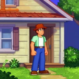 main player character standing outside a house, facing sidewards, from a lucasarts point and click 2 d graphic adventure game, art inspired by thomas kinkade
