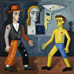 the complete story of bill and teds excellent adventure in the style of guernica by picasso, sci - fi colour palette