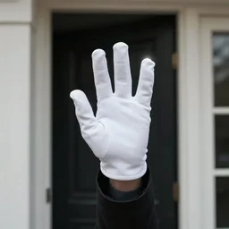 a disembodied 5 - fingered white gloved hand waving out from behind a dark doorway