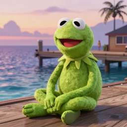 Kermit in a sitting at a beach dock, GTA V gameplay screenshot, sharp, Unreal Engine 5, very detailed shading at dusk