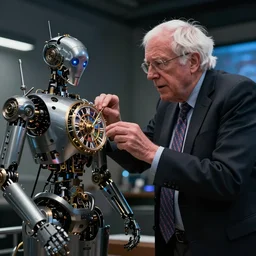 bernie sanders putting the finishing touches on a complex magical clockwork doomsday robot, cinematic moody lighting, sharp focus, imax