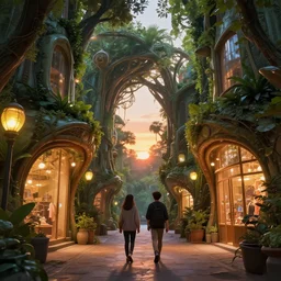 two friends walking down narrow ally between futuristic organic giant tree shopfronts, sunset, organic bioluminescent street lights, forest canopy understory, cinematic lighting, octane render, 3 d pixar disney digital cgi rtx hdr painting, highly detailed, artstation cgsociety masterpiece