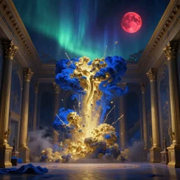 destructive meteor crashing down to renaissance room emerging from gold and royal blue asperitas clouds in cyberpunk theme, during an aurora borealis and red moon, intricate, elegant, by greg rutkowski, conrad roset, takato yomamoto, james jean, rule of thirds, highly detailed