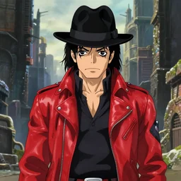 medium shot and face central portrait character concept art design, anime key visual of an muscular calm silent closed mouth archaeologist adventurer michael jackson rockstar in thriller red leather jacket and black fedora hat, looking foward, studio lighting delicate features finely detailed perfect art, at an ancient city, gapmoe yandere grimdark, trending on pixiv fanbox, painted by greg rutkowski makoto shinkai takashi takeuchi studio ghibli