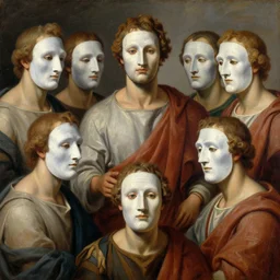 a renaissance oil painting of greek philosophers wearing face masks!!!!, photorealistic oil painting of chirurgical, award winning, trending on flickr