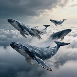 Whales flying on top of clouds, dramatic lighting, cinematic, establishing shot, high detail, cinematic lighting, post processed, 8k, concept art, artstation, matte painting, in the style of eddie mendoza, raphael lacoste, alex ross