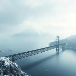 a singular very long black elegant narrow bridge, spanning across a big lake, from one shore to another shore, snowy mountain in the background, scenic view, dark fantasy matte painting by marc simonetti trending on artstation