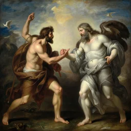 man making a deal with god, painting, realistic, epic, 4k