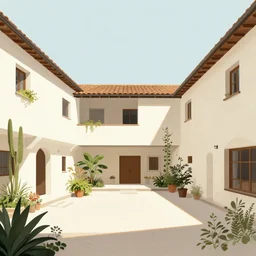 masterpiece, graphic illustration of italian village courtyard designed by by frank lloyd wright architect, plants and trees, bill sienkiewicz, plants trail from balconies, parrots fly, abstract geometric mirrored sculptures, sunset