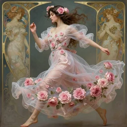 delicate !!beautiful!! woman dressed in a vaporous wrapped large victorian pink roses silk semi-transparent dress fashion is running, fantasy, intricate, elegant, highly detailed, digital painting, trending on artstation, concept art, matte, sharp focus, illustration, art by Artgerm and Greg Rutkowski and Alphonse Mucha, trending on instagram, art nouveau