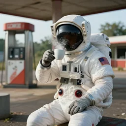 a cosmonaut in a spacesuit drinking steaming cup of coffee, in an abandoned gas station in kerala, artstation, cinematic, octane render, 4 k, matte painting