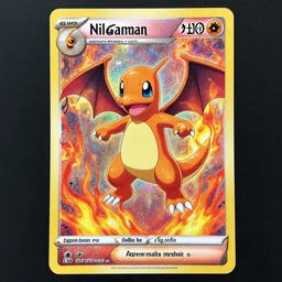 high intricate glimmering pokemon card!!!!! of one charmander!!!!!!! surrounded by fire!!!, neil gaiman!!, ( ( alejandro mirabal ) ), ( ( cory loftis ) ), patryk stefaniak, rebecca hu!!!!, ben mauro, logan preshaw!!!, trending on