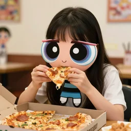 powerpuff girls eating pizza as a realistic human, 4 k, highly detailed, art station