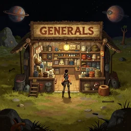 in front of a [ [ [ [ [ [ general store ] ] ] ] ] ] in a remote outpost, on an alien planet, from a space themed point and click 2 d graphic adventure game, set design inspired slightly by tomb raider, art inspired by [ [ [ [ [ [ thomas kinkade ] ] ] ] ] ] and greg rutkowski