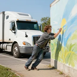 nerd almost gets hit by a semi truck, painting