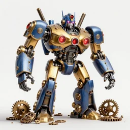 portrait photo of an exploding giant huge golden and blue metal broken steampunk robot with big gears and tubes all over the floor, eyes are glowing red lightbulbs, shiny crisp finish, 3 d render, 8 k, insaneley detailed, fluorescent colors, background is multicolored lasershow