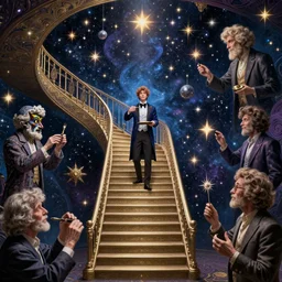 a prodigy magician crafting a stairway to the stars by artgerm and wlop and kev walker and richard kane ferguson, digital art, highly detailed, wide shot, intricate, fantasy, mystical, sharp focus, Trending on Artstation HQ, deviantart, unreal engine 5, 4K UHD image