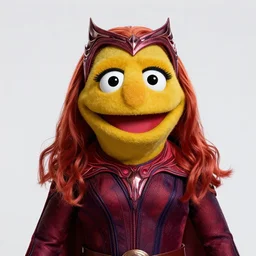studio portrait still of muppet!!!!! scarlet witch in avengers endgame!!!!!! as a muppet muppet as a muppet, 8 k, studio lighting, key light,