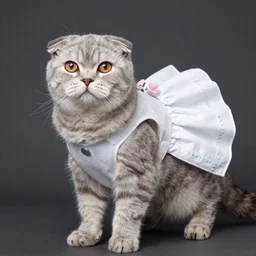 A photo of Scottish fold cat wearing a frock dress