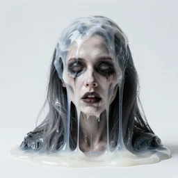 white semitransparant viscous ectoplasm dripping down a scary oil portrait, 4 k photograph, real