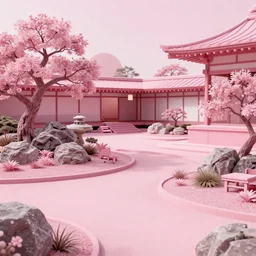 Hyperdetailed masterpiece concept art, a wide shot of a pink Japanese garden with a temple in the middle, 4k Detailed Matte Illustration trending on ArtStation