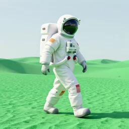 a 3 d render of an astronaut walking in a green desert,