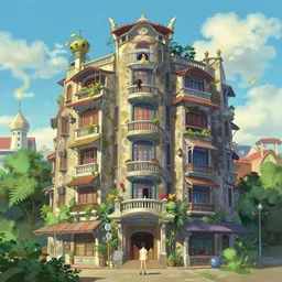 stunning photo of a solarpunk vietnamese apartment building by makoto shinkai and studio ghibli, and wes anderson