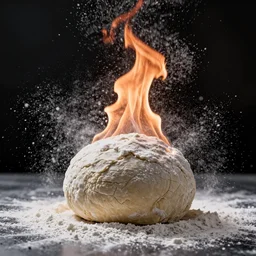 a ball of dough, flour dust, backlit, black background, particles, fire, high quality action photography, studio photo, 50mm, bokeh