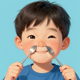 happy boy with spoons in his nostrils, illustration, cartoonist, high detail, vibrant colours