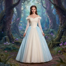 A beautiful princess wearing a Fairy dress with cream lace bodice with sleeves of sheer pale blue sequins photographed full bodied in a magical iridescent forest, photographed in the style of Mario Testino