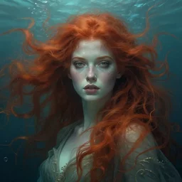 goddess of the ocean!! portrait of a seductive redhead queen in underwater murky light, wind blown hair! fantasy esoteric, closeup, d & d, fantasy, intricate, elegant, highly detailed, digital painting, artstation, concept art, matte, sharp focus, illustration, art by artgerm and tom bagshaw and greg rutkowski and alphonse mucha