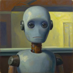 sentient robot with soulful eyes portrait, lowbrow, pj crook, grant wood, edward hopper, oil on canvas