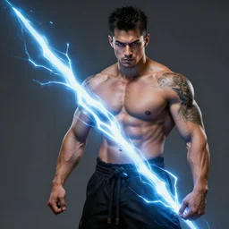 handsome tattooed gym bro shaman lightning magic spell vfx, diagonal spell vfx, fantasy game spell, fantasy epic digital art, by greg rutkowski, gaston bussiere, craig mullins, j. c. leyendecker, tom of finland