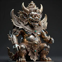barong, the balinese demon in a retrofuturistic style. ornately decorated with sacred art and designs. reflective metal, detailed textures, smooth lighting. dark background. pulp sci - fi art.