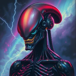a detailed painting portrait inspired by beksinski of a vibrant xenomorph humanoid machine with aurora inspired by dieselpunk. inspired by ancient sculpture. humanoid. inspired by samurai. science fiction poster. head and chest only. upperbody. cinematic sci - fi scene. accurate anatomy. symmetry. portrait and science fiction theme with lightning, aurora lighting. clouds and stars. smoke. futurism.