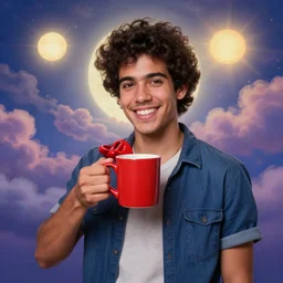 portrait of a ( ( ( una taza de cafe grande y roja ) ) ), ( ( futuro hermoso joven caliente caribeno macho alegre ) ), lleno de nubes y magia, el sol, concept character, by greg rutowski and rivera and oi and mucha and bierstadt and remington, trending on artstation