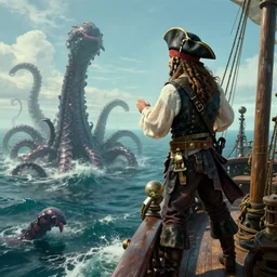 pirate on ship's crow nest watching for a land  , giant tentacles coming up from the sea  ,hyperdetailed,hyperrealistic,photorealistic,art by trevor henderson,greg rutkowski,artstation,deviantart