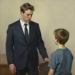 oil painting of a man in a suit indifferent to an orphan boy who asks, by greg rutkowski, artstation