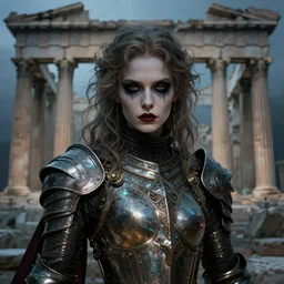 beautiful and gothic and victorian and evil and dieselpunk medieval female armor portrait + smoky eyes + front face with light flowing hair, ultradetail face, ruined ancient agora of athens, art and illustration by tian zi and craig mullins and wlop and alphonse mucha, ssci - fi, fantasy, neon lights reflect, intricate complexity, fantasy character concept, watermark, blurry, hyperrealism 8 k
