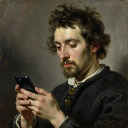 portrait of a gorgeous man holding smartphone!! oil painting by joseph ducreux, dutch master, art, oil on canvas, wet - on - wet technique, highly realistic, expressive emotions, intricate textures, illusionistic detail, 4 k
