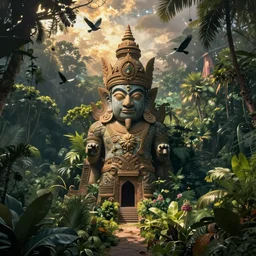 cursed valley, ancient god statue, jungle, bird view
