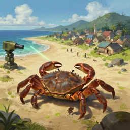 establishing shot of a village near a beach, a gigantic crab crawling from the ocean towards village, [ laser ] [ turret ] [ attached ] on crab, dnd character art portrait, matte fantasy painting, deviantart artstation, by jason felix by steve argyle by tyler jacobson by peter mohrbacher, cinematic lighting