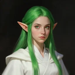 character concept portrait, head - on centralized, jessica lowndes as a green - haired elf d & d cleric in white robes, style digital painting, concept art, smooth, sharp focus, illustration, from metal gear, by ruan jia and mandy jurgens and william - adolphe bouguereau, artgerm